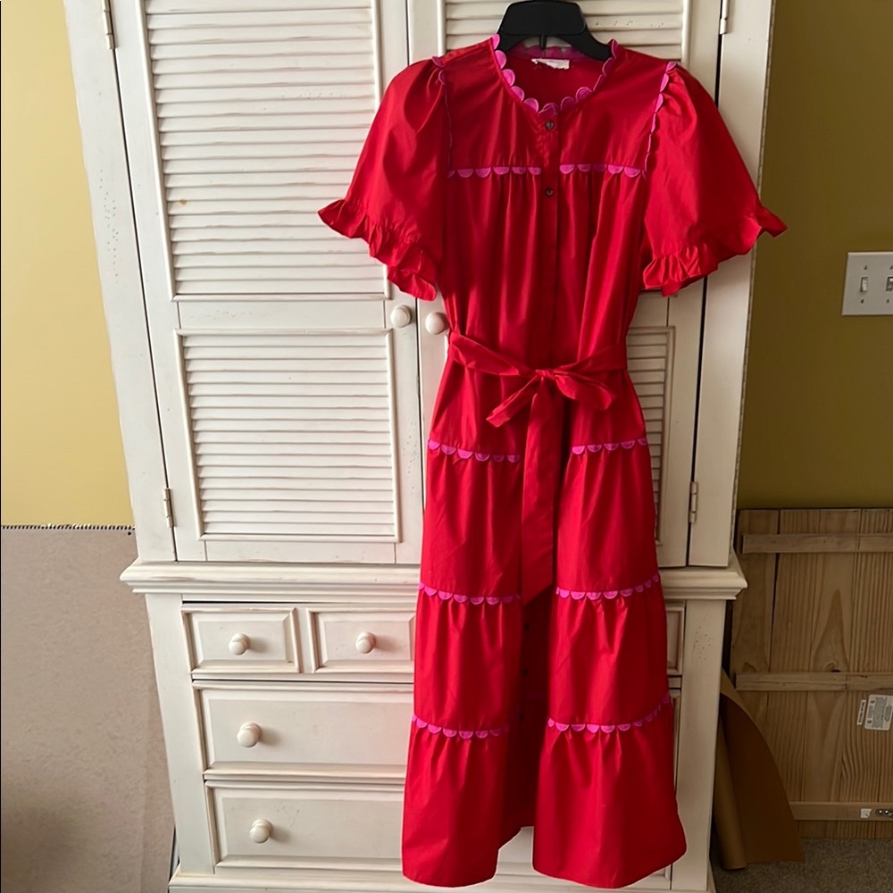 Entro Red Flutter Sleeve Tiered Maxi Dress